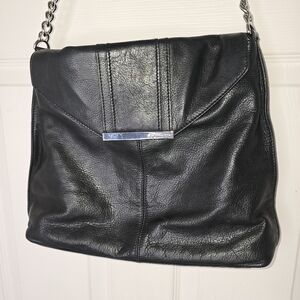 B. Makowski‎ Soft Black Pebbled Leather Shoulder Bag Silver Chain